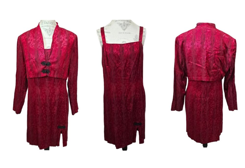 Vintage Dawn Joy Red Floral Print Sleeveless Slit Front Dress w. Shrug Jacket